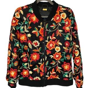 Alexia Admor Bight Colorful Floral Embroidery Black  Bomber Jacket Zip Up Size L